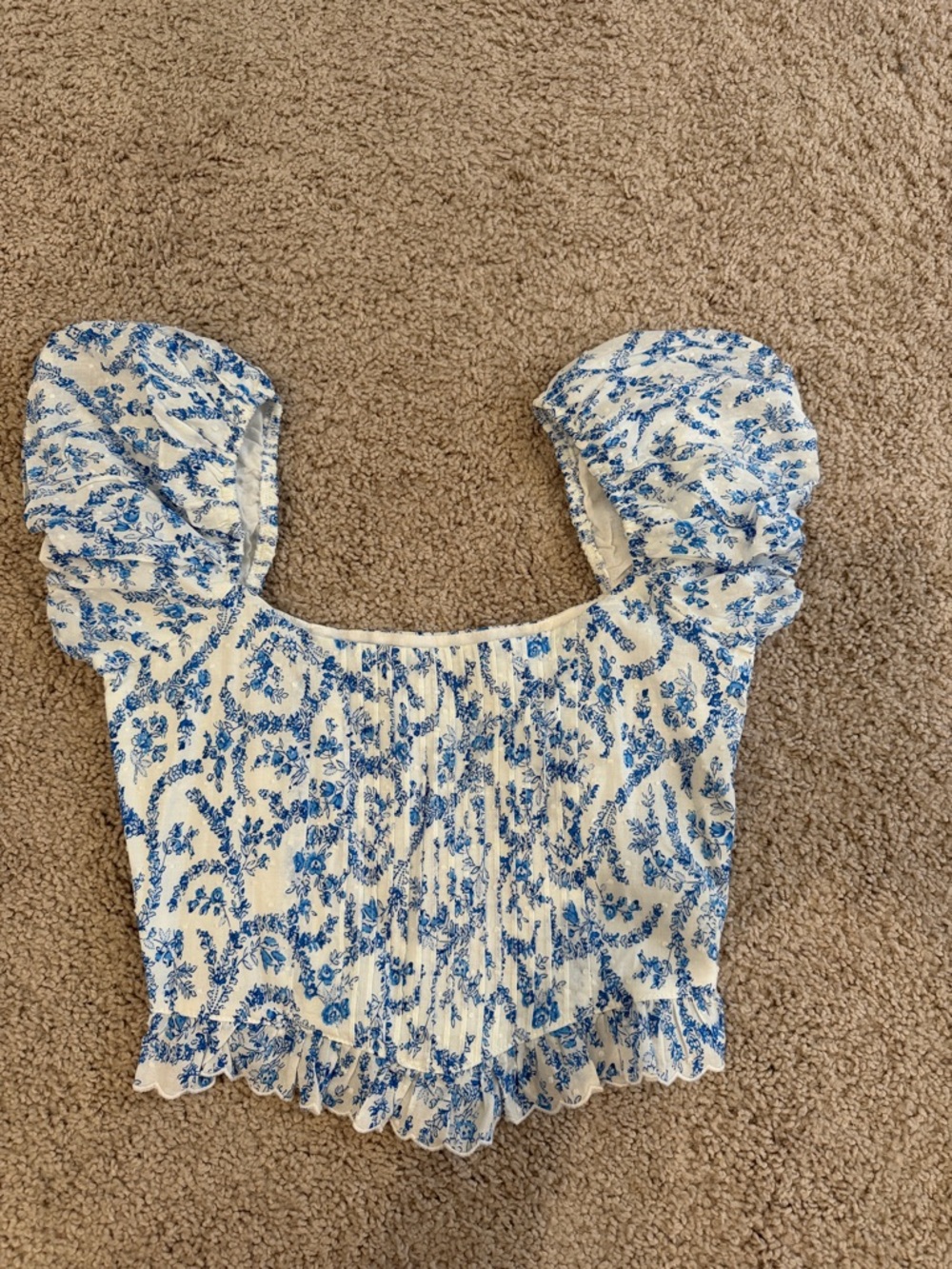 Olivaceous Cream Crop Top with Blue Floral Print and Puff Sleeves